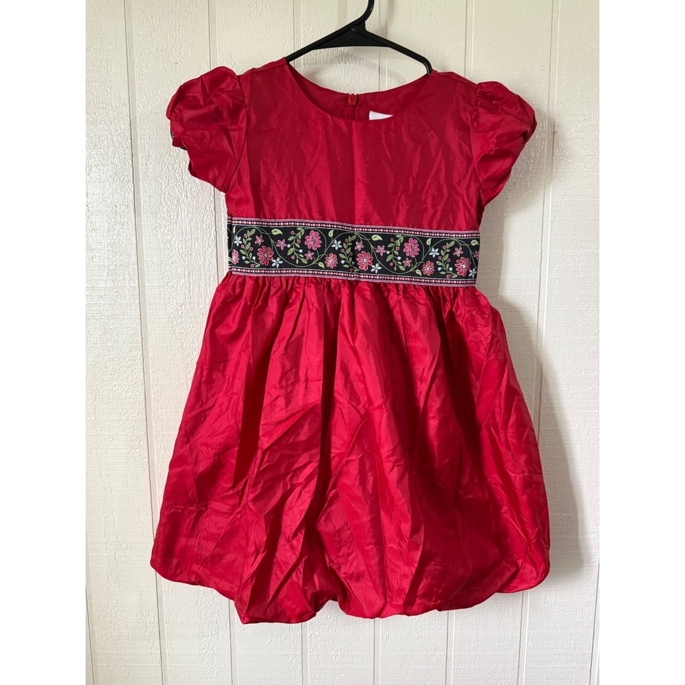 Hanna Andersson Girls Red Bubble Hem Party Dress Floral Waist Size 110 US 5 6